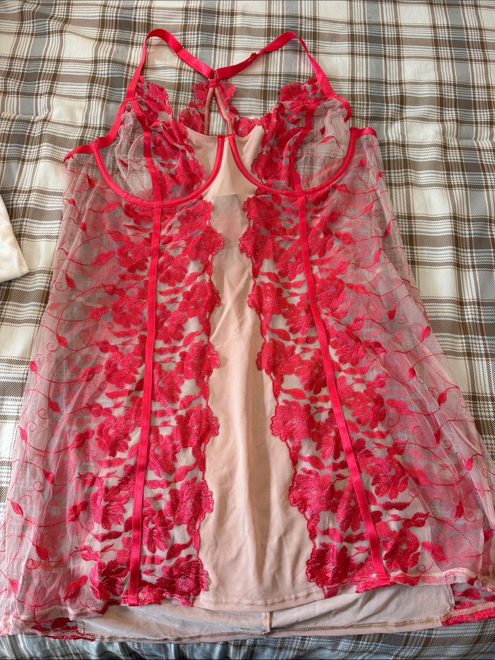 Embroidered Floral Sheer Chemise Slip - Red